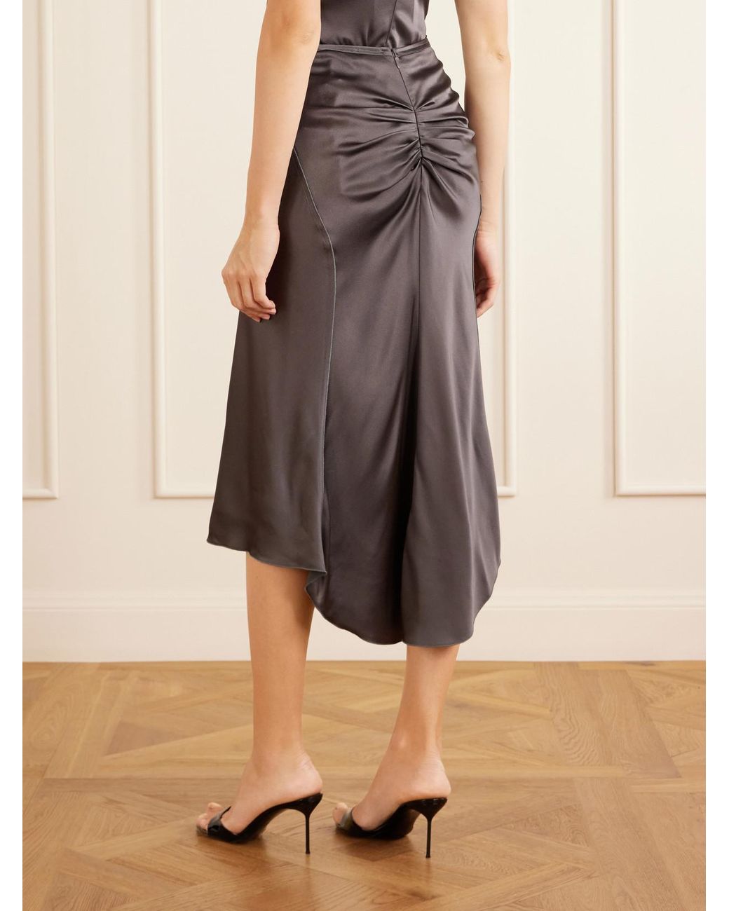 Victoria Beckham Gray Bela Ruched Satin Midi Skirt