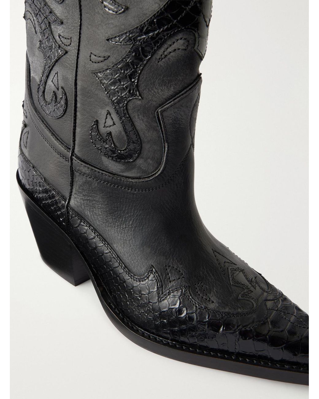 Paris Texas Black Tucson 60 Embroidered Snake-Effect Trimmed Leather Knee Boots