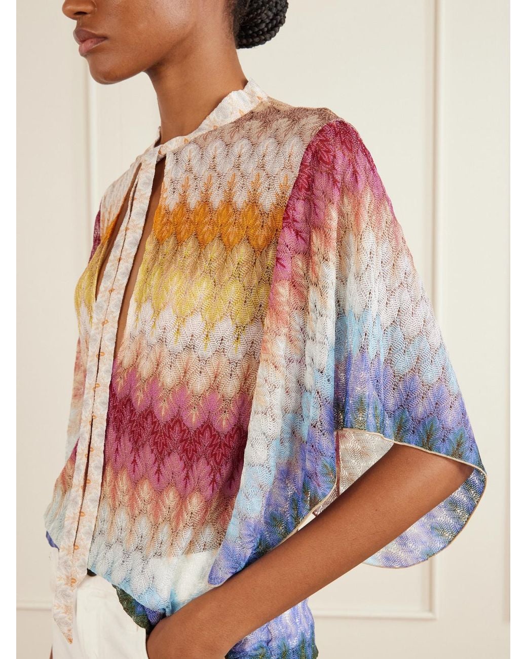 Missoni Gray Tie-Detailed Striped Crochet-Knit Blouse