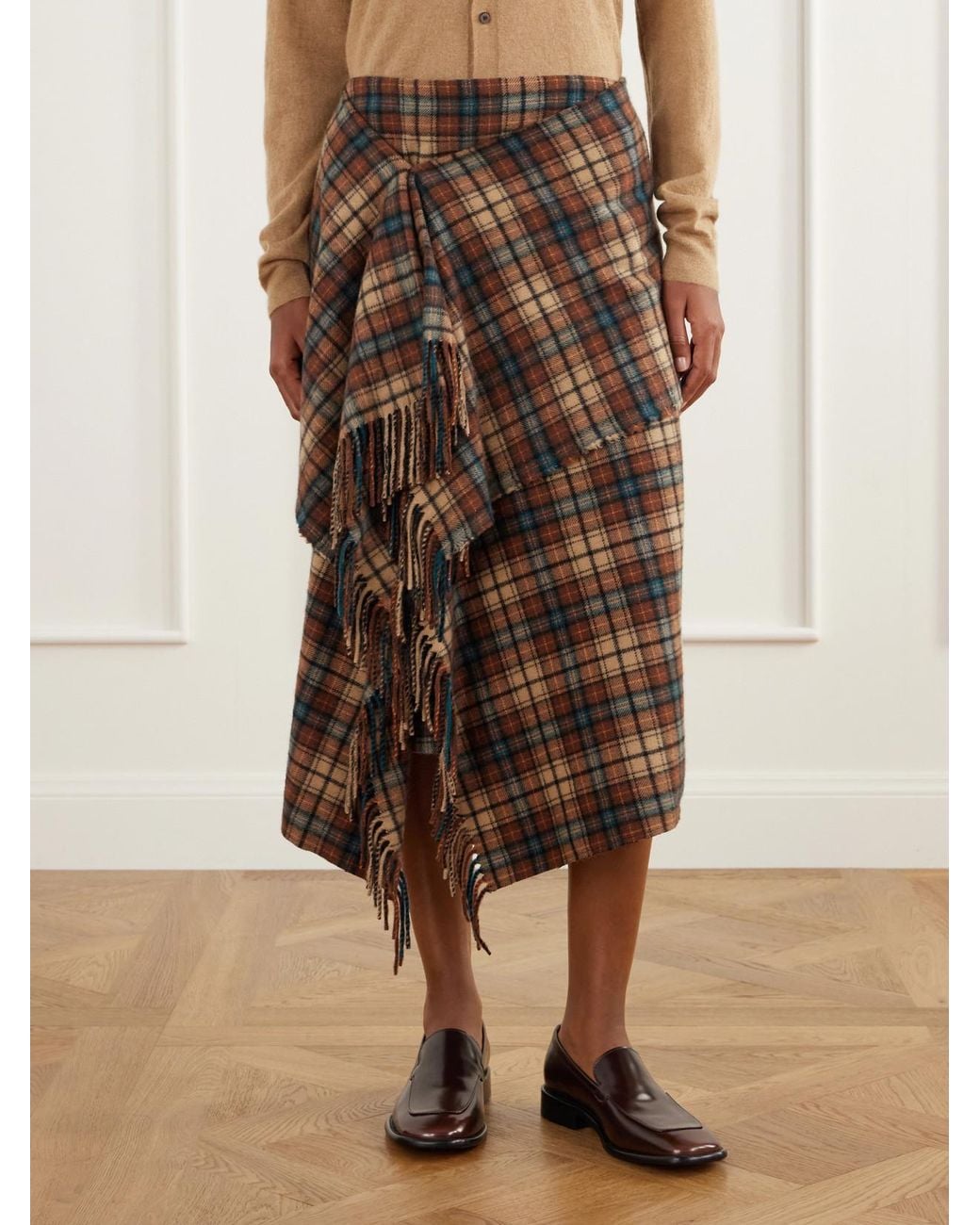 Auralee Multicolor Asymmetric Fringed Checked Cashmere Wrap Midi Skirt
