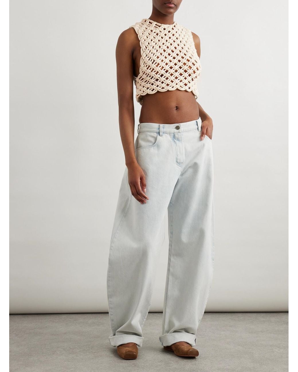 Alaïa Natural Cropped Open-Knit Cotton-Blend Tank