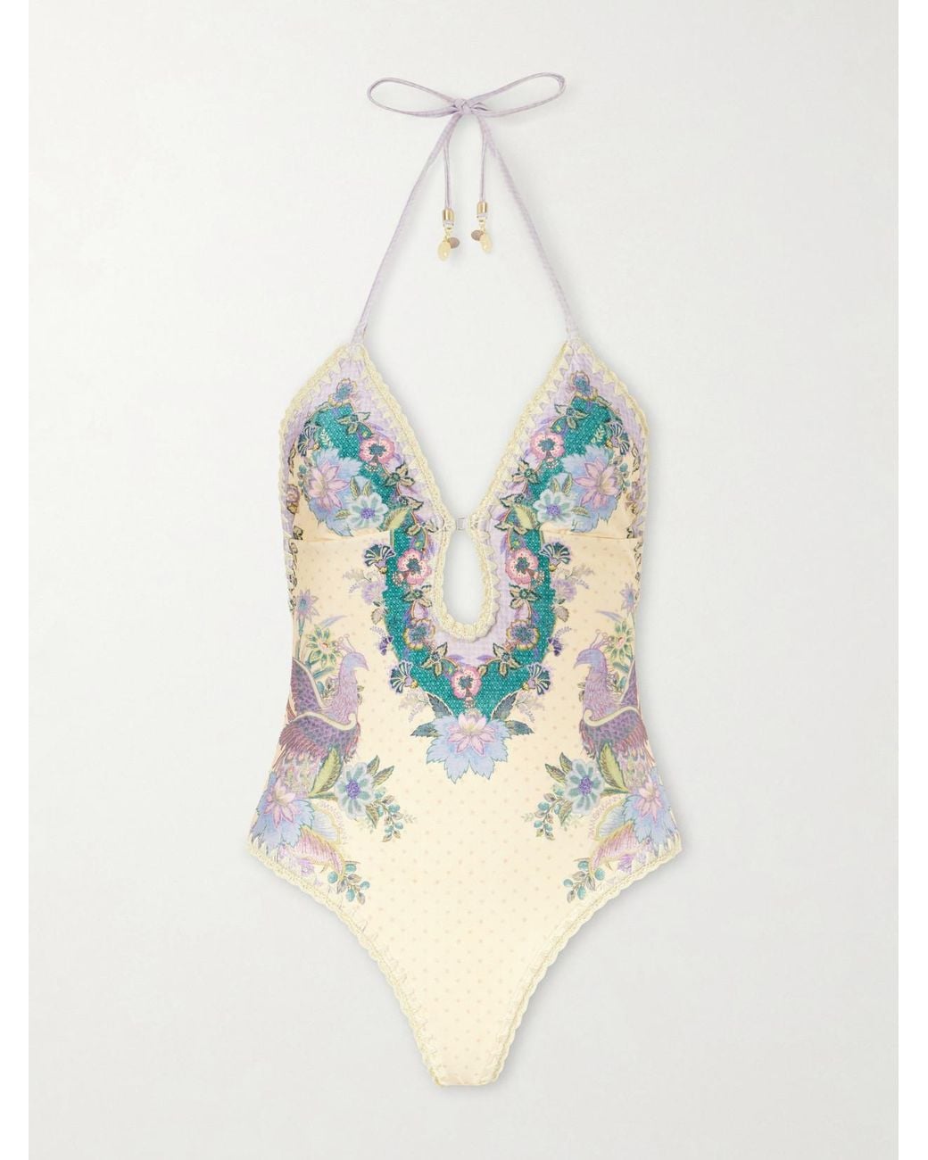 Zimmermann White Indra Floral-Print Crochet-Trimmed Swimsuit