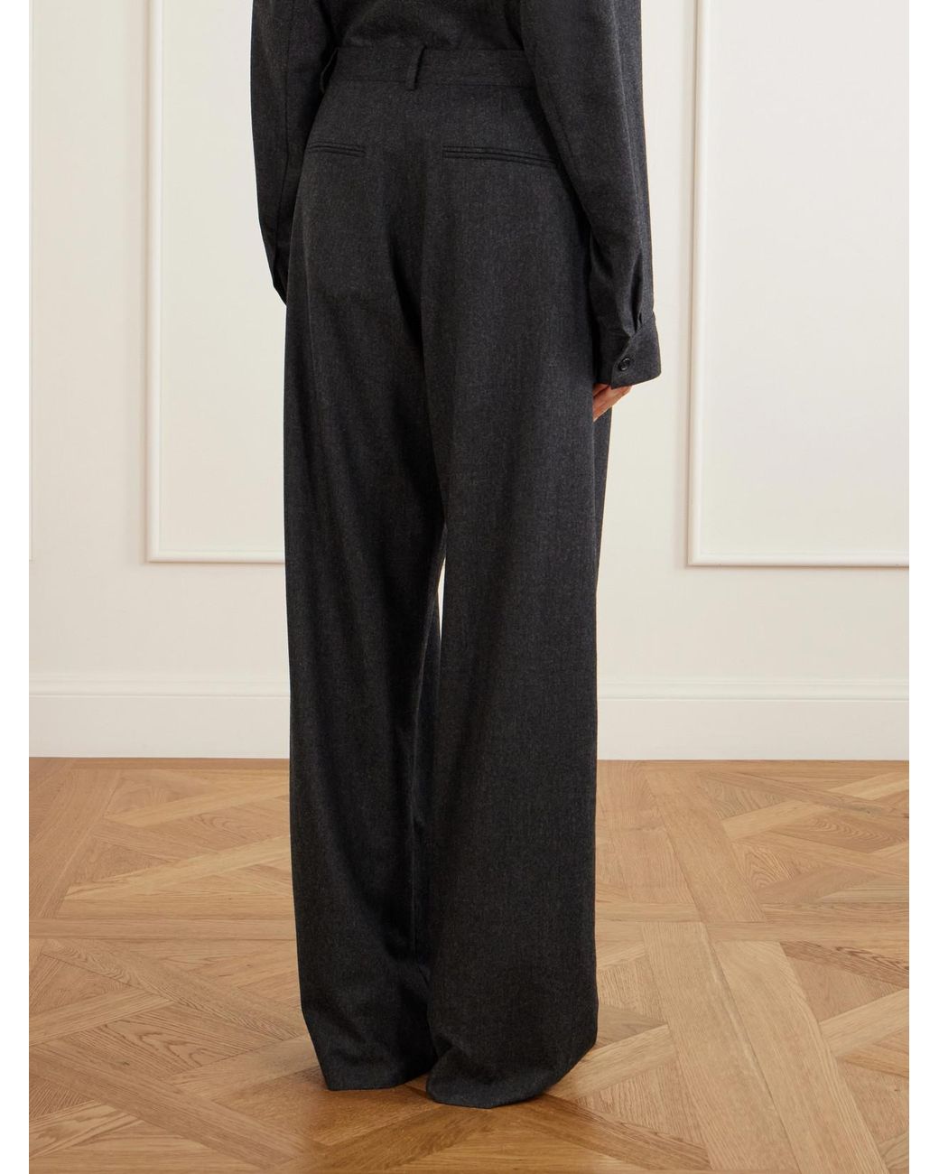 Khaite Black August Pleated Wool-Blend Flannel Straight-Leg Pants