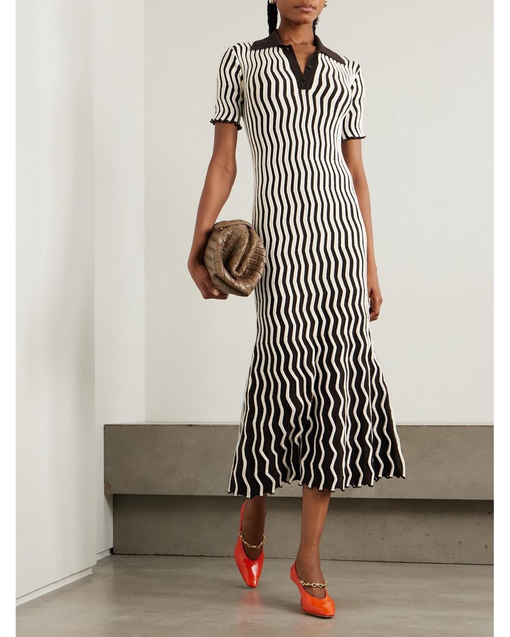 knee length dresses for ladies Bottega Veneta Cold-shoulder Cutout Two-tone Midi Dress  Runway Catalog