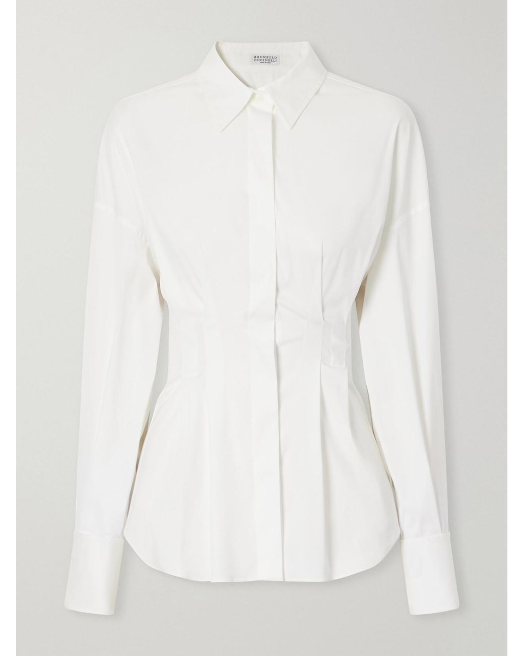 Brunello Cucinelli White Pleated Cotton-Blend Poplin Shirt
