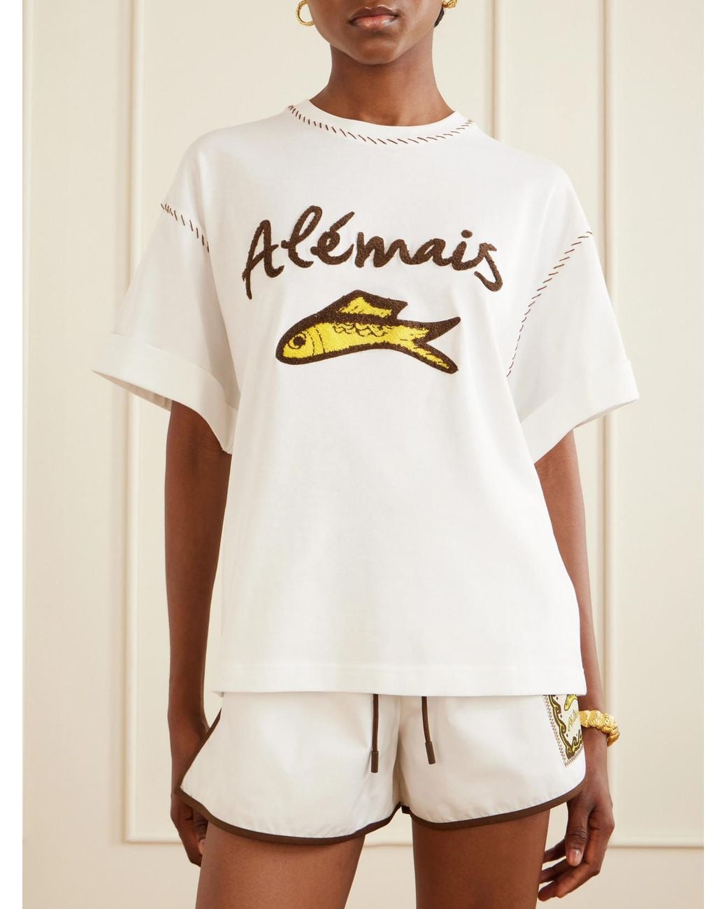 ALÉMAIS White Scuba Embroidered Cotton-Jersey T-Shirt