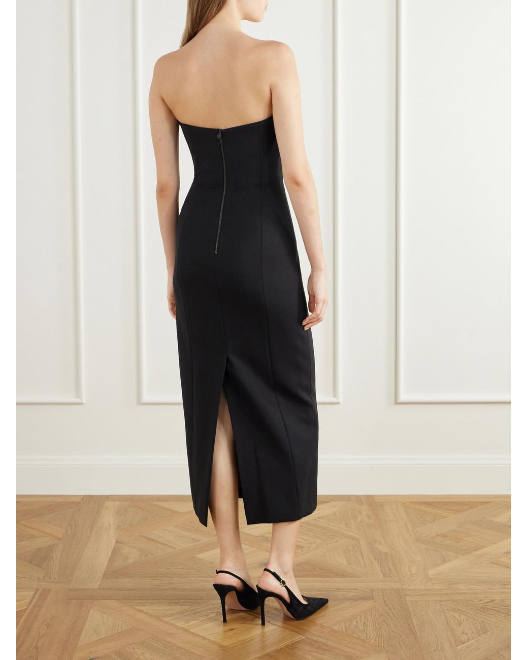 Carolina Herrera Black Strapless Embellished Wool-Blend Gown