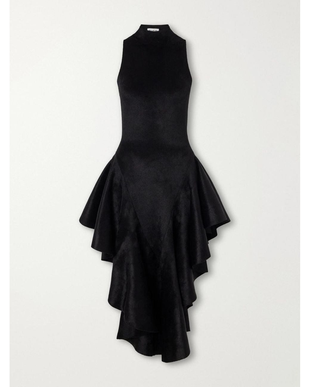 Alaïa Black Asymmetric Ruffled Velvet Turtleneck Midi Dress