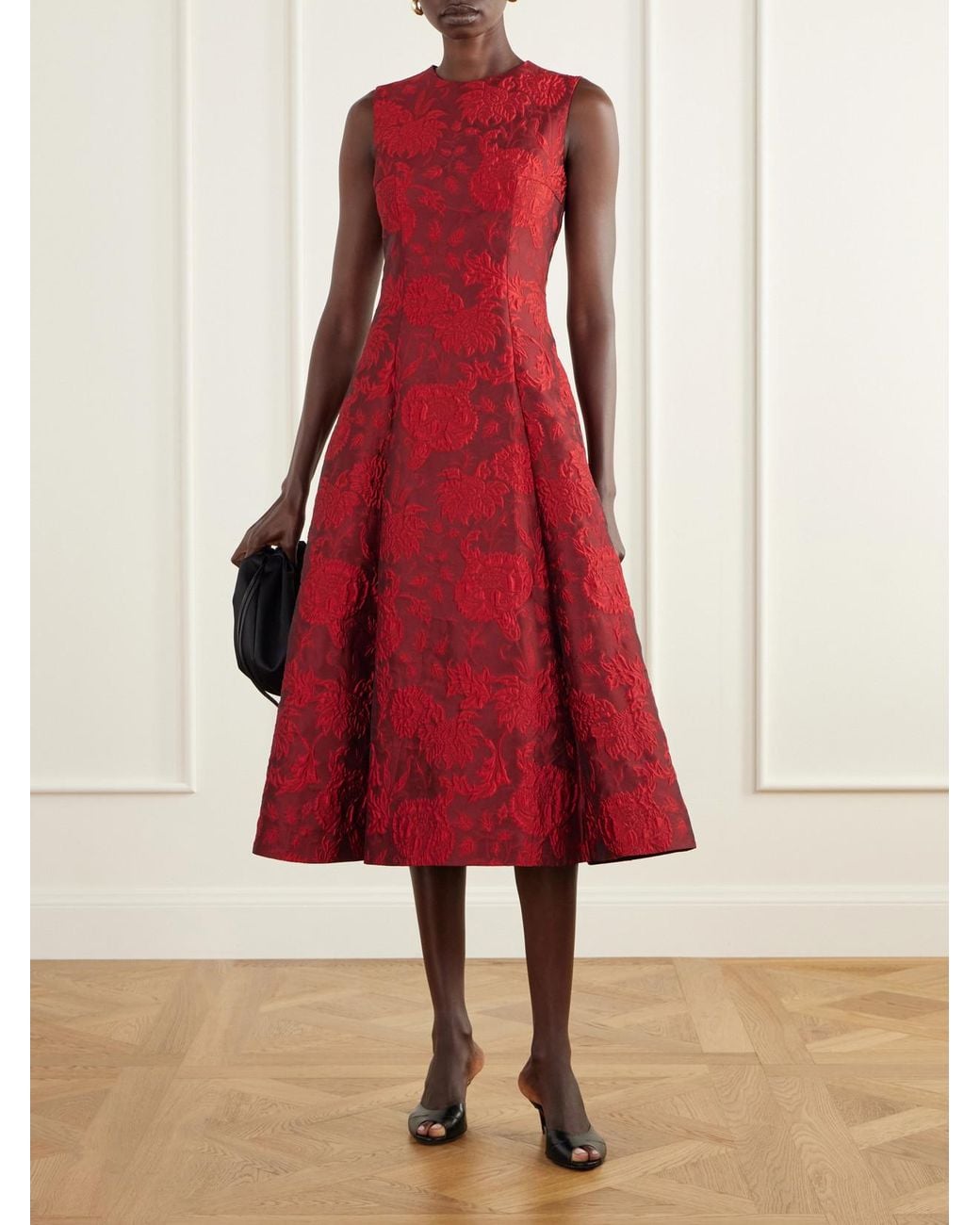 Emilia Wickstead Red Mara Pleated Floral-Cloqué Midi Dress