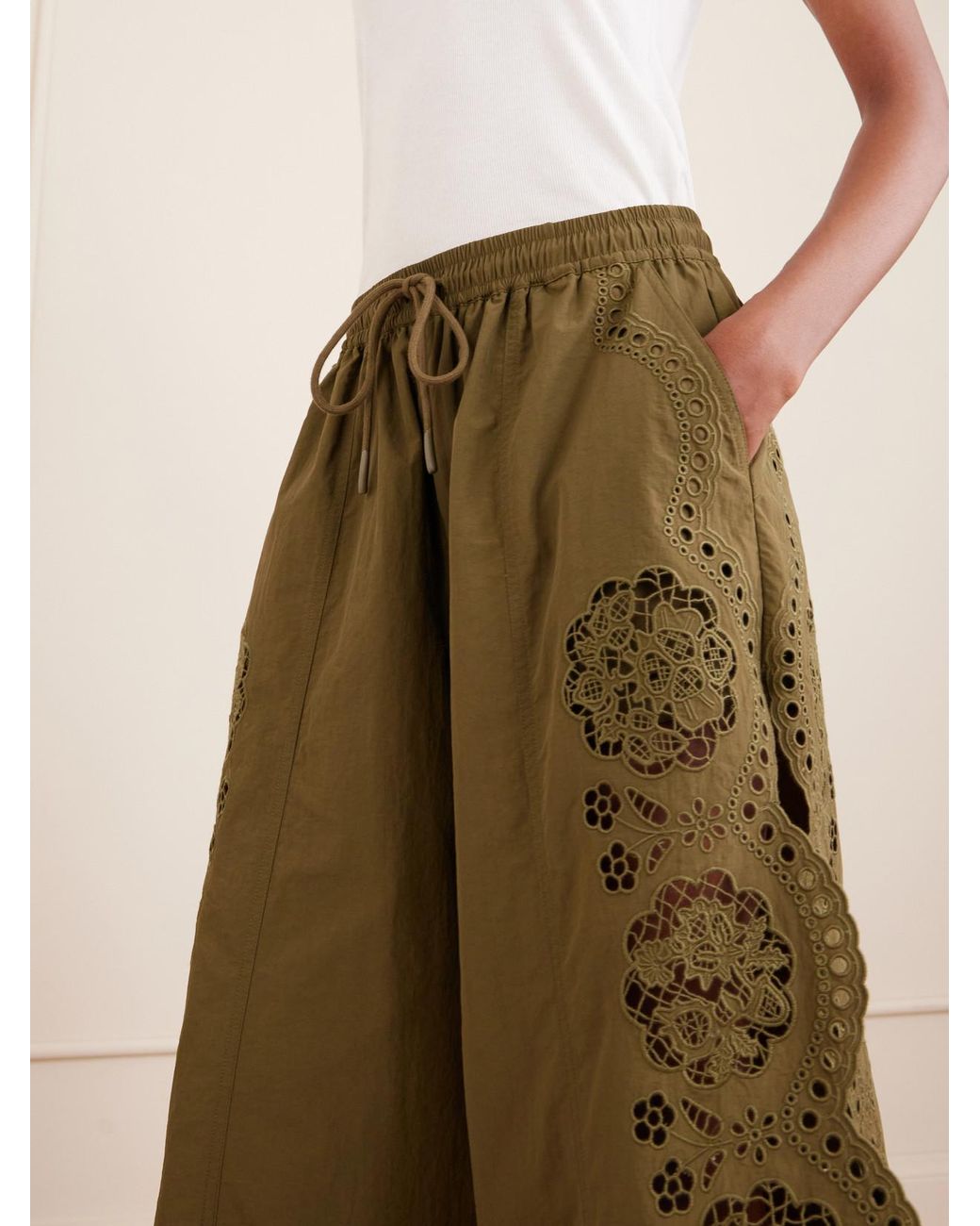 Sea Green Vittoria Broderie Anglaise-Trimmed Shell Wide-Leg Pants