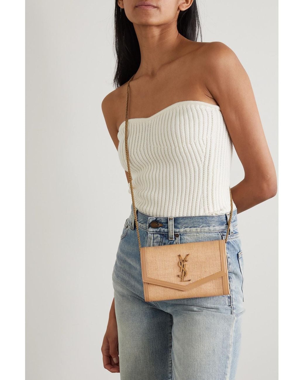 Saint Laurent Natural Uptown Micro Leather-Trimmed Raffia Shoulder Bag