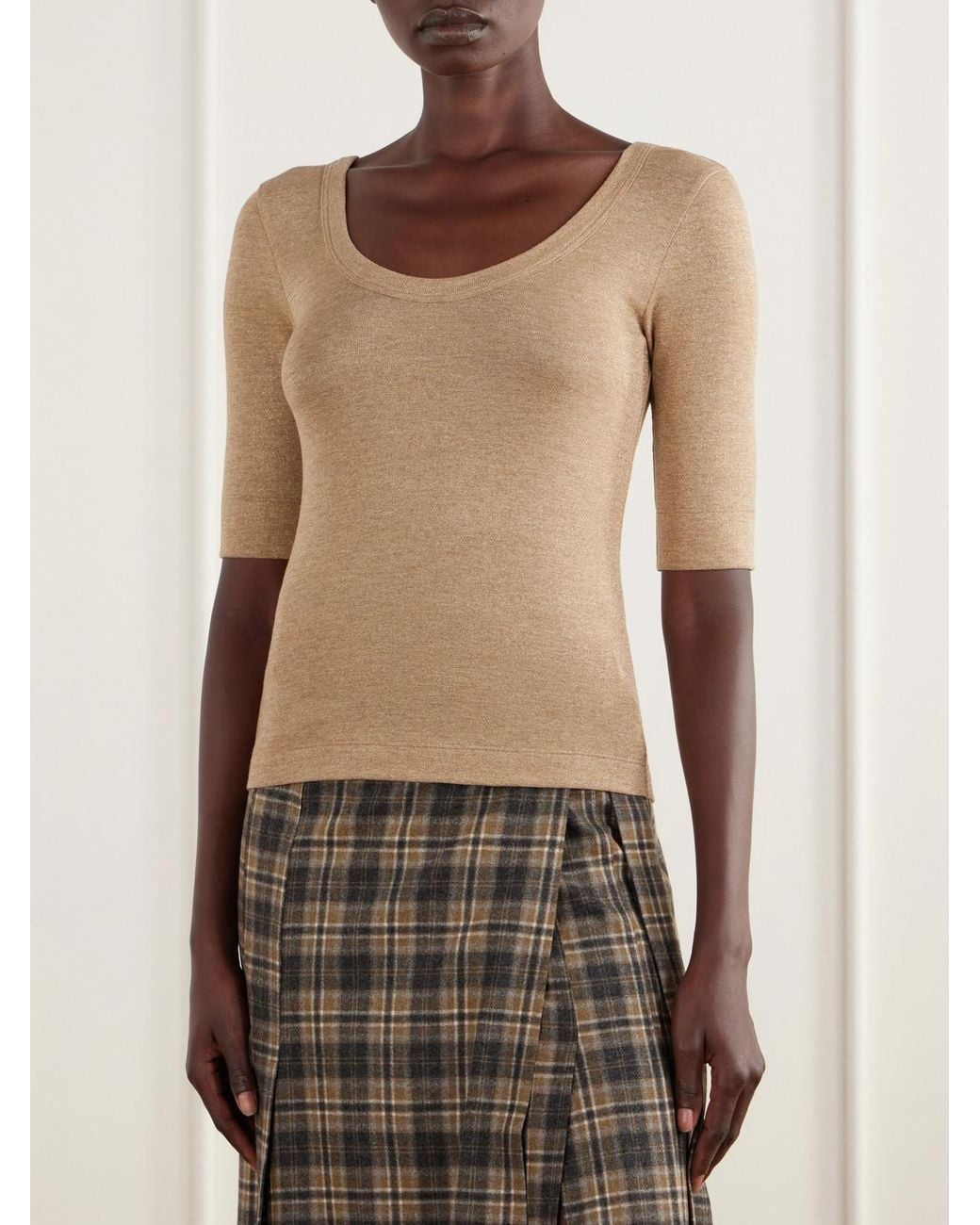 Brunello Cucinelli Natural Metallic Wool-Blend Knitted T-Shirt