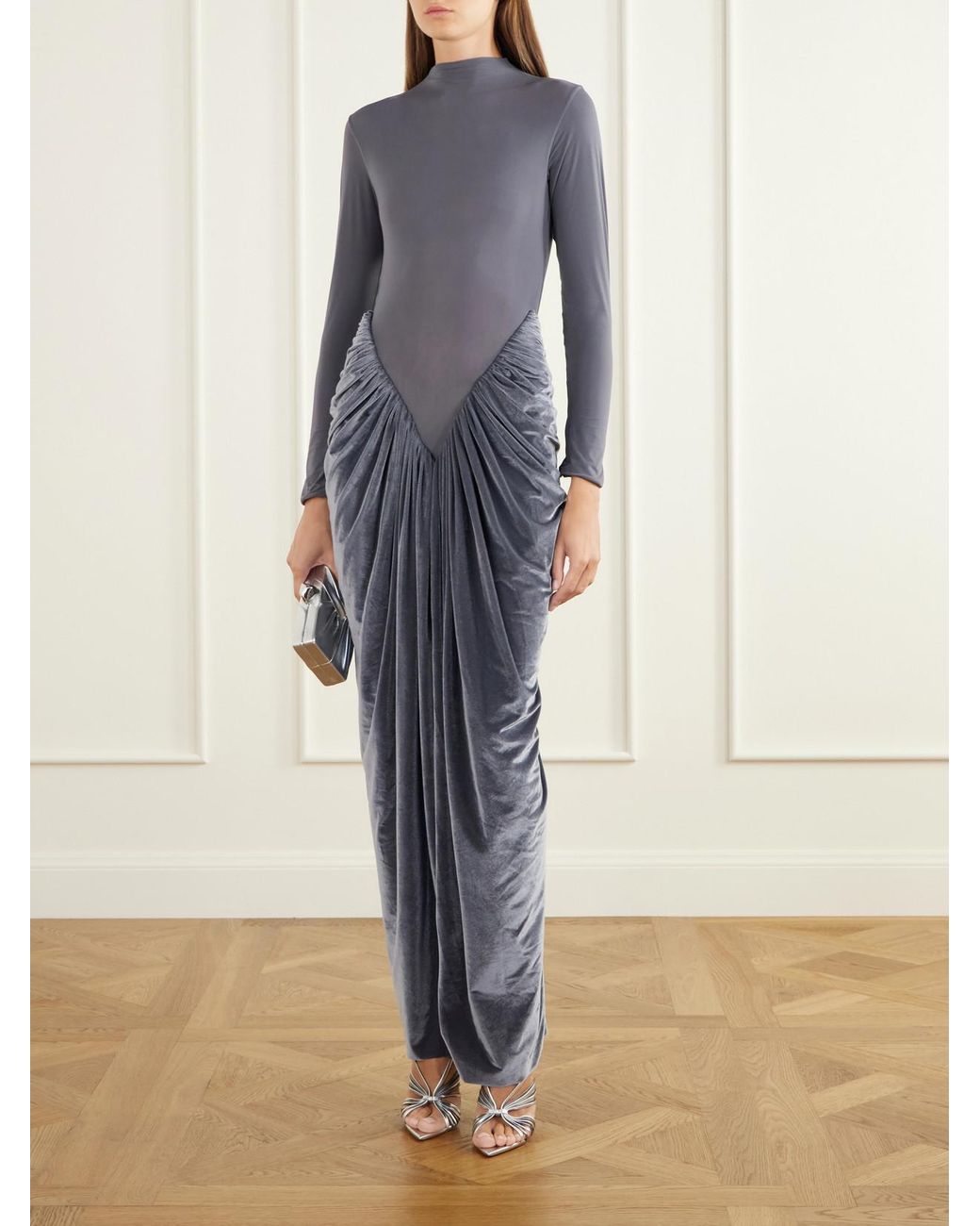 Maygel Coronel Gray Guernica Draped Mesh And Velvet Maxi Dress