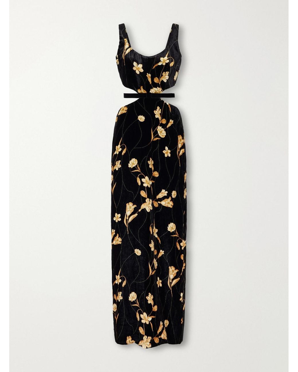 Agua Bendita Black Ventura Belted Bow-Detailed Floral-Print Velvet Maxi Dress