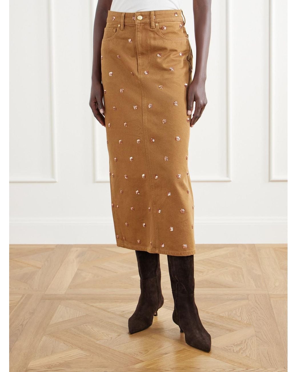 Ulla Johnson Natural The Verona Sequin-Embellished Denim Midi Skirt