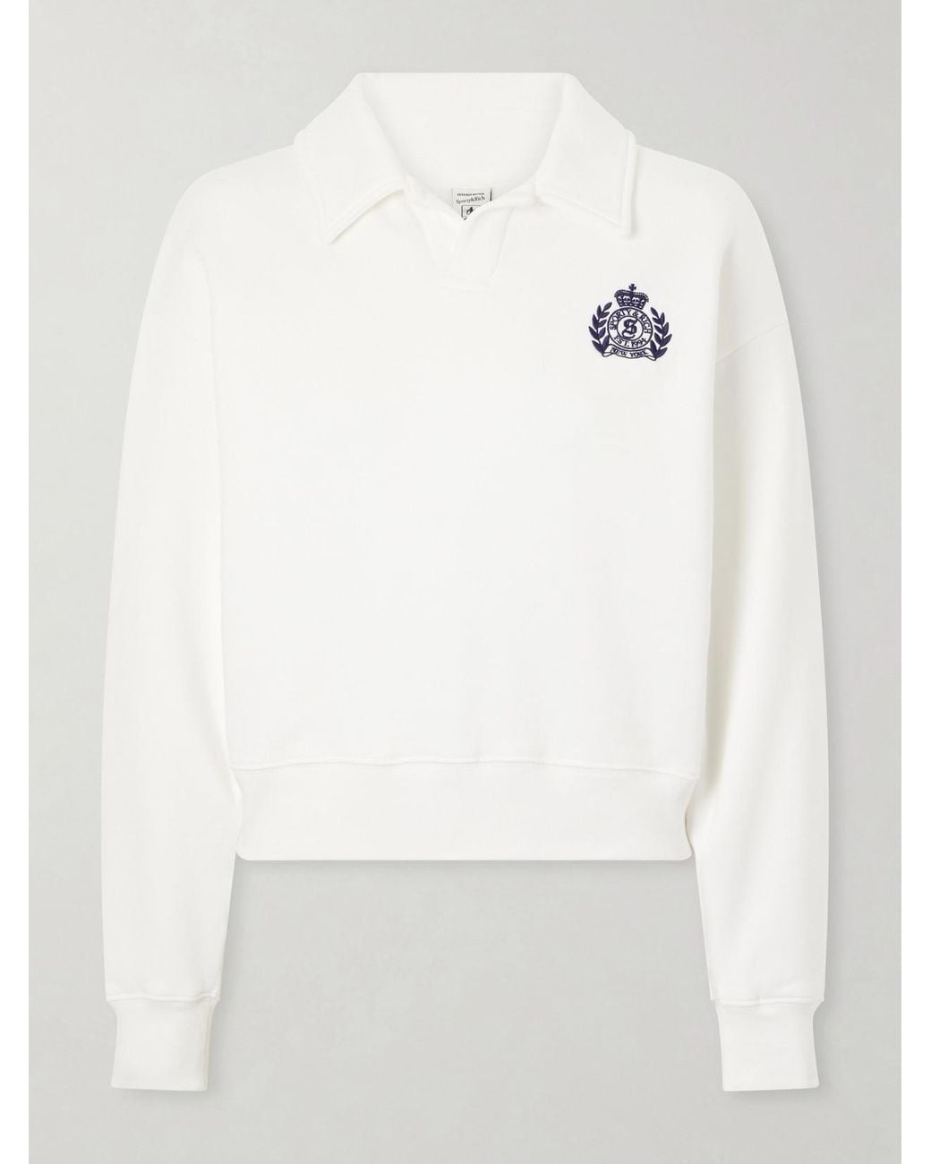 Sporty & Rich White Embroidered Ribbed-Detail Cotton Sweatshirt