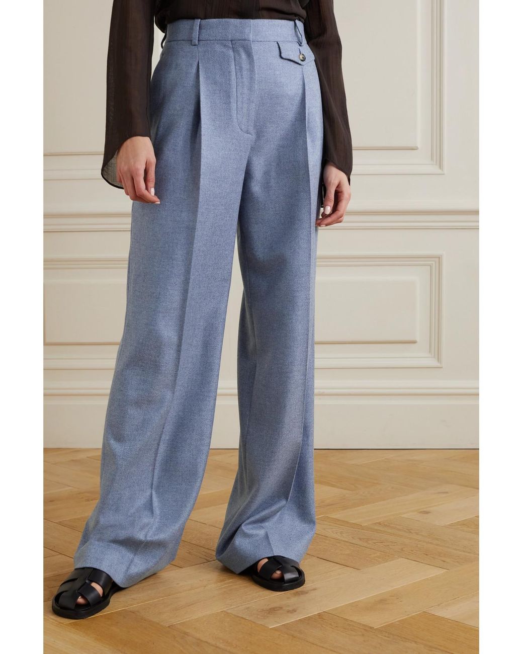 Loro Piana Blue Pleated Cashmere Wide-Leg Pants