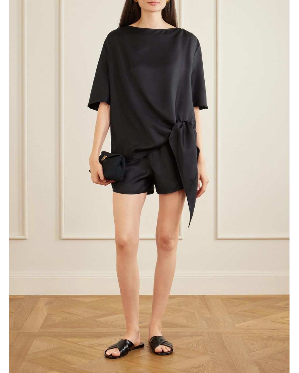 Loulou de Saison Black Mano Knotted Silk-Twill Blouse