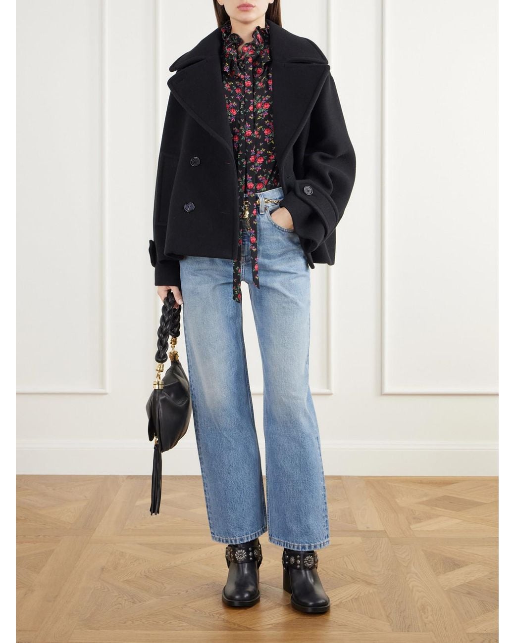 Chloé Black Ruffled-Collar Floral-Print Silk Crepe De Chine Blouse
