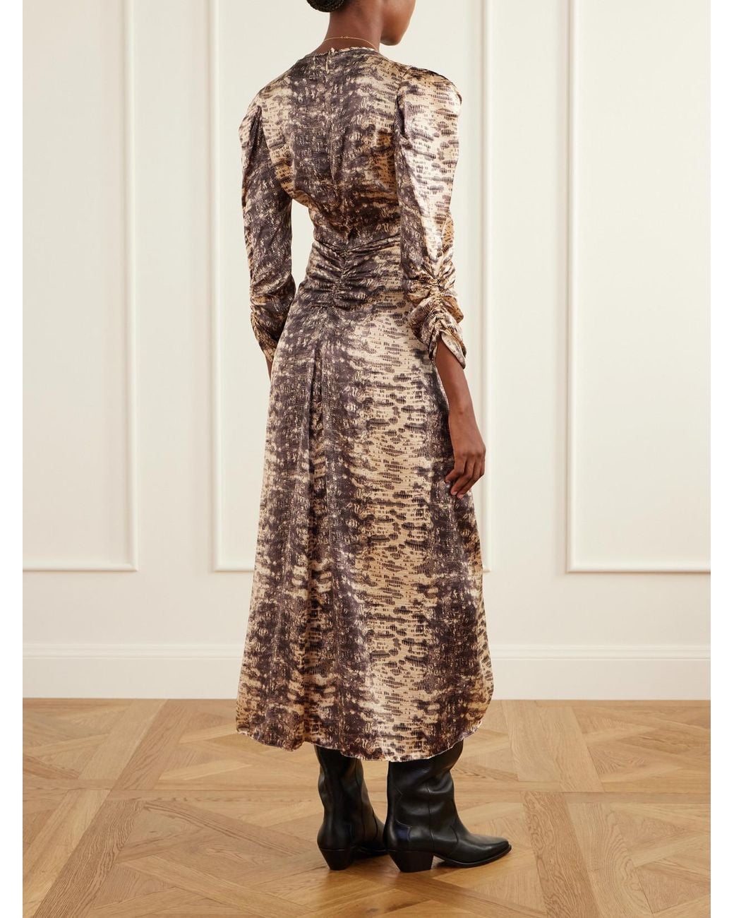 Isabel Marant Natural Albini Gathered Asymmetric Snake-Print Silk Midi Dress