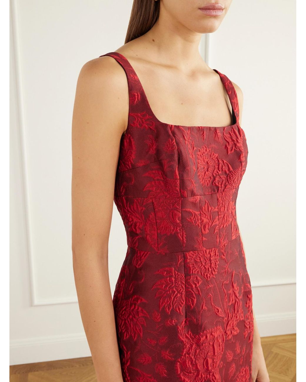 Emilia Wickstead Red Megara Paneled Darted Floral-Cloqué Gown