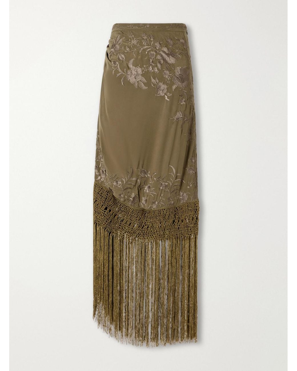 Ulla Johnson Green Lark Fringed Embroidered Silk-Crepe De Chin Midi Skirt