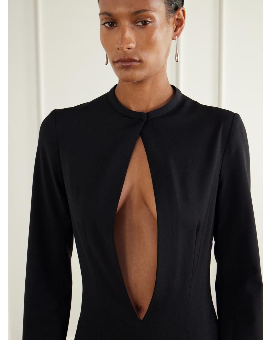 Colleen Allen Black Cut-Out Stretch Wool-Blend Midi Dress