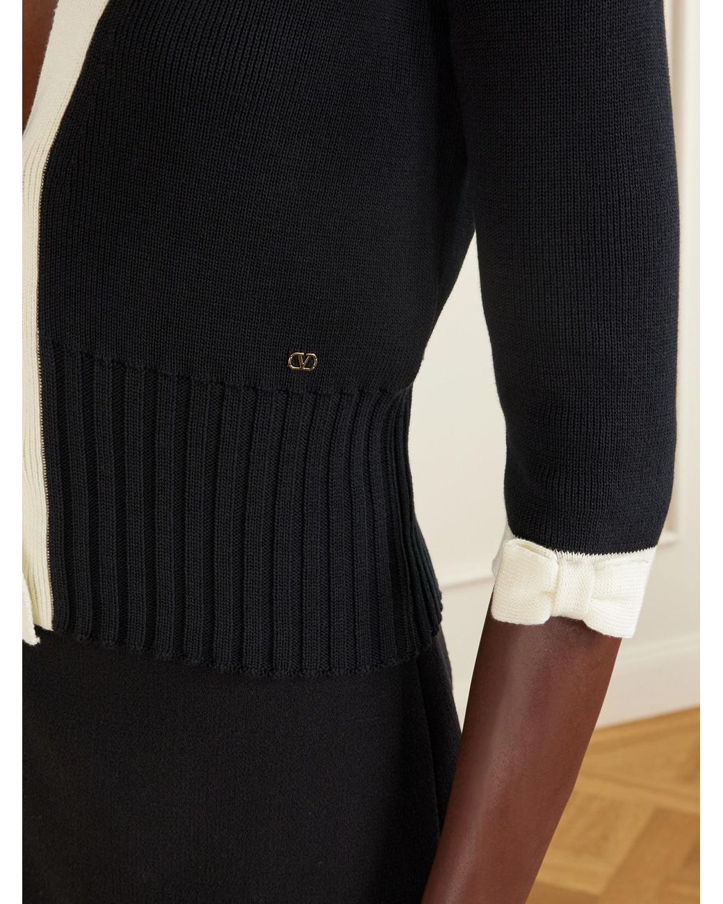 Valentino Garavani Blue Cropped Bow-Embellished Two-Tone Ribbed-Knit Cotton Cardigan