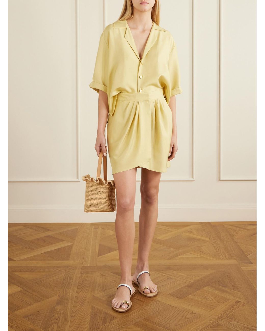 LeKasha Yellow Kamas Silk Pleated Wrap Skirt