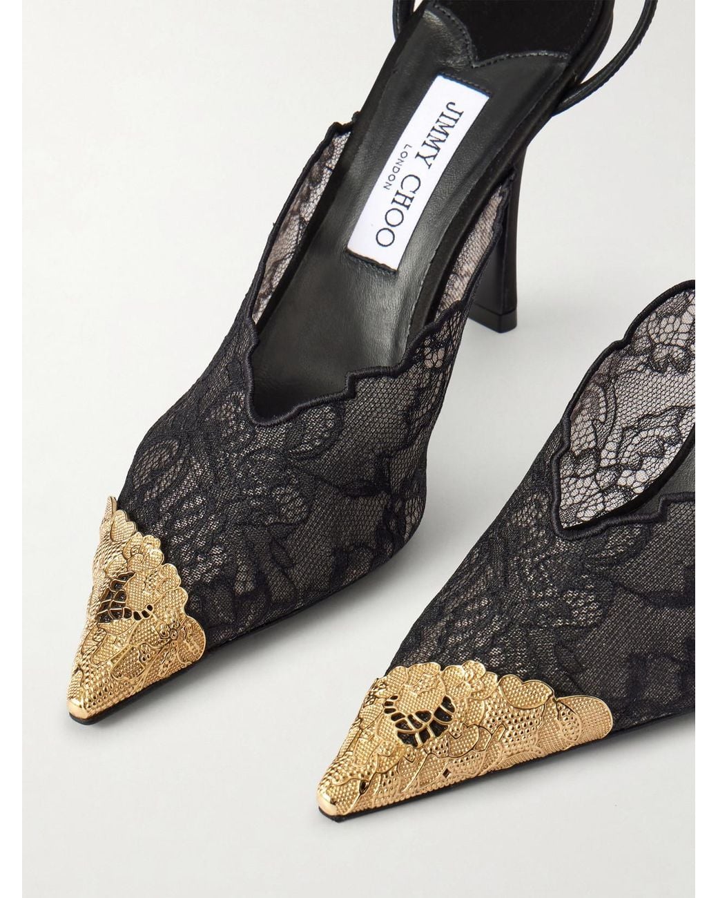 Jimmy Choo Black Faiz 100 Embellished Satin-Trimmed Lace Pumps