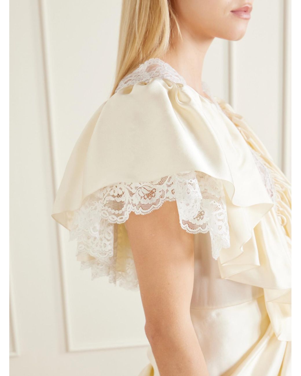 Chloé Natural Ruffled Lace-Trimmed Silk-Satin Playsuit