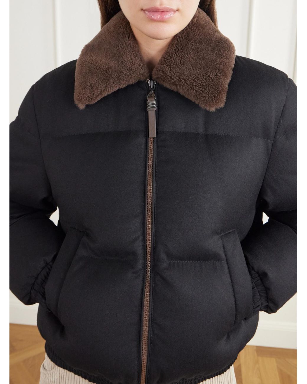 Brunello Cucinelli Black Quilted Shearling-Trimmed Wool-Twill Down Jacket