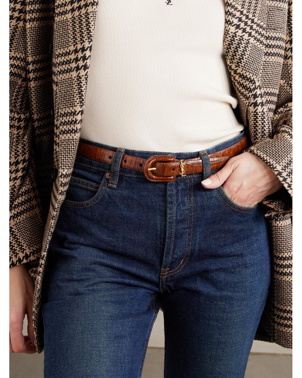 Saint Laurent Brown Cassandre Embellished Croc-Effect Leather Belt