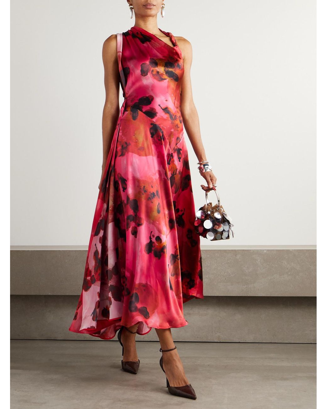 victoria beckham red silk dress Victoria Beckham Gathered Satin Midi Dress - Red