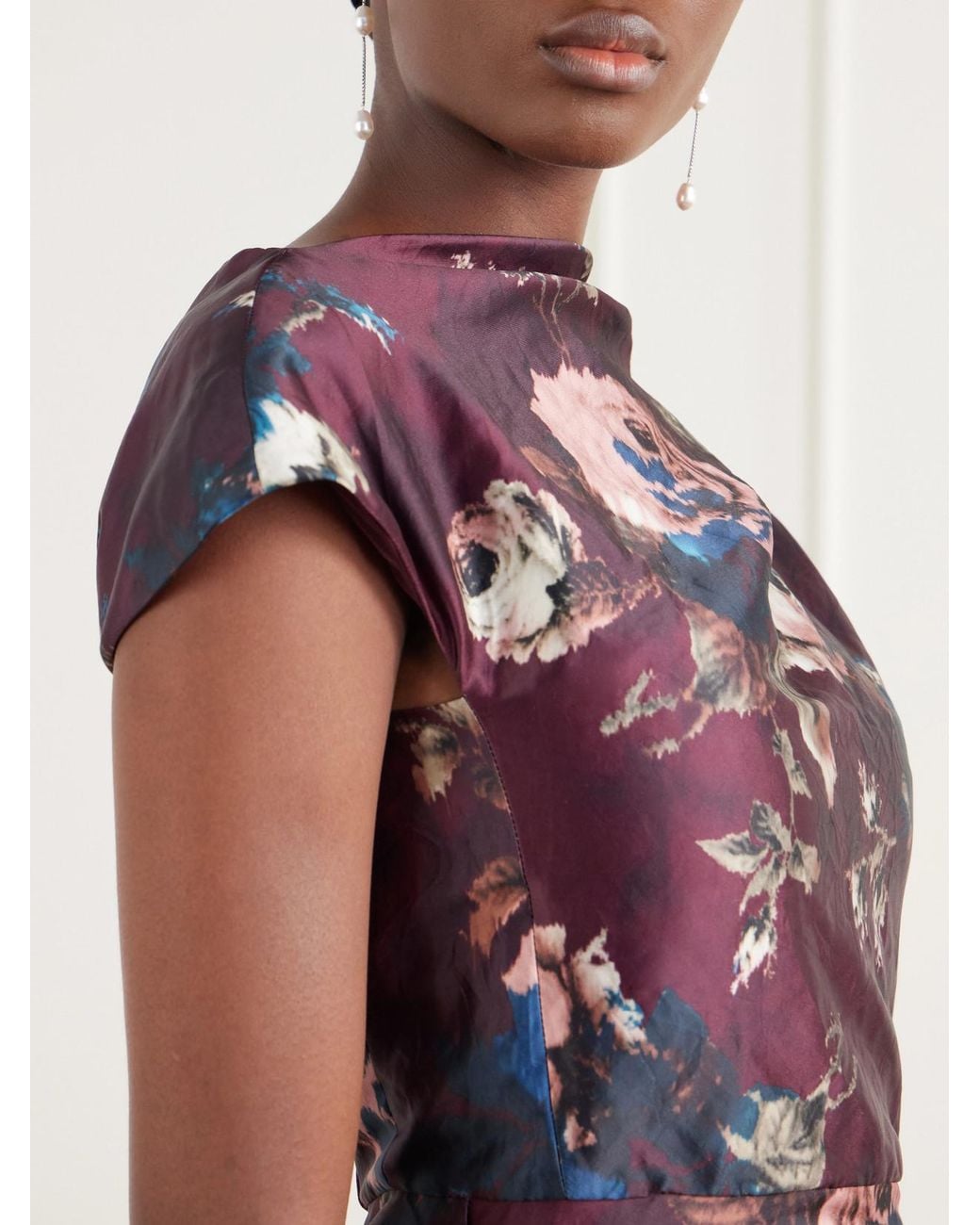 Erdem Purple Floral-Print Draped Crinkled Satin Gown