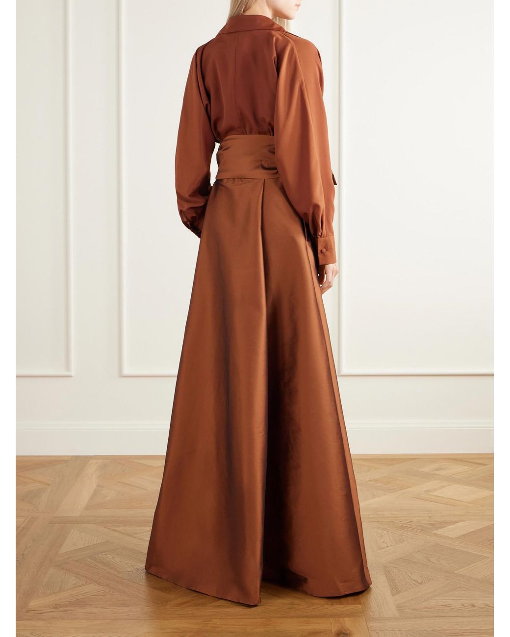 BERNADETTE Brown Beatrice Belted Satin And Taffeta Gown