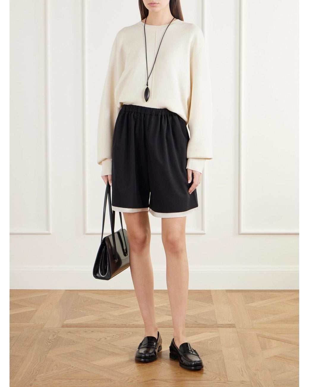 St. Agni Black Satin-Trimmed Wool-Twill Shorts