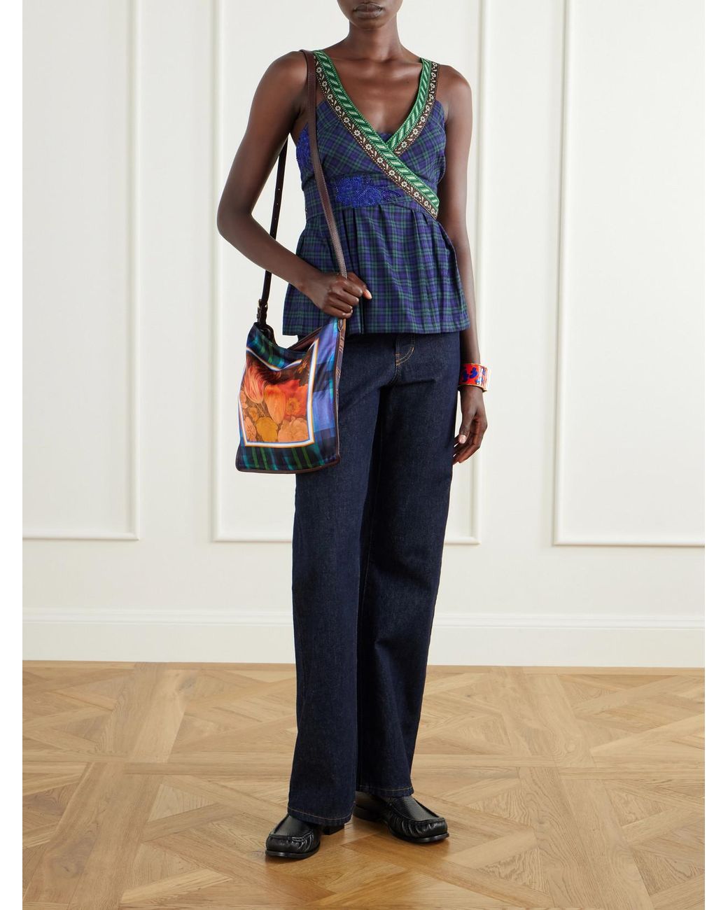 Dries Van Noten White Printed Small Leather-Trimmed Satin Shoulder Bag