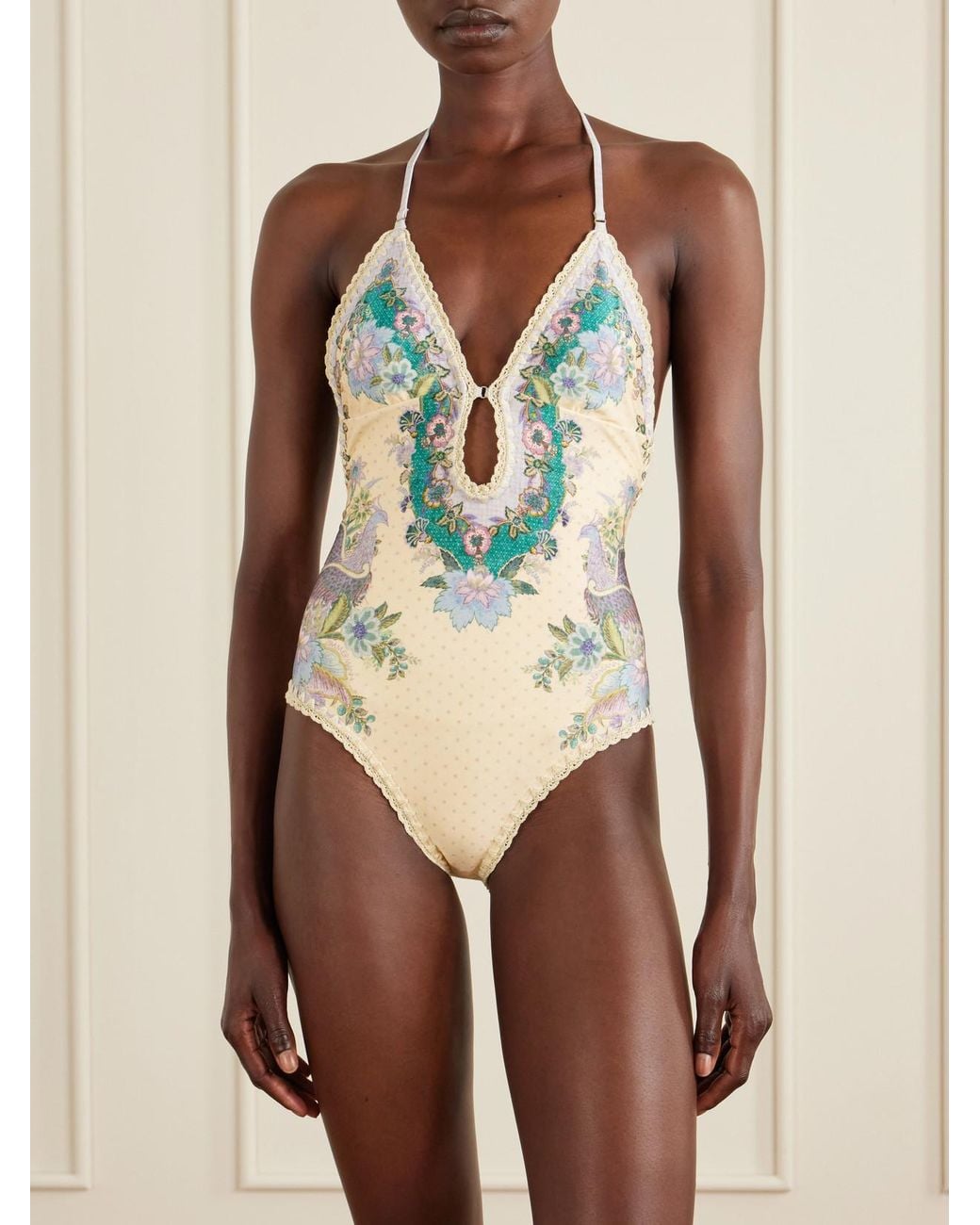 Zimmermann White Indra Floral-Print Crochet-Trimmed Swimsuit