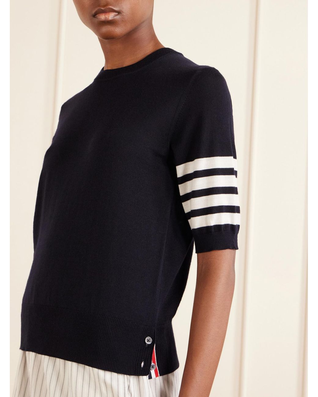 Thom Browne Blue Grosgrain-Trimmed Striped Wool-Blend Sweater