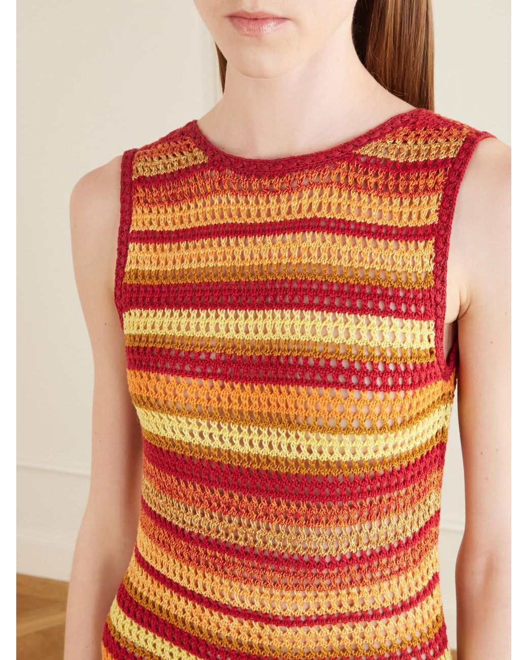 Escvdo Orange Nevado Fringed Striped Crocheted Cotton Mini Dress