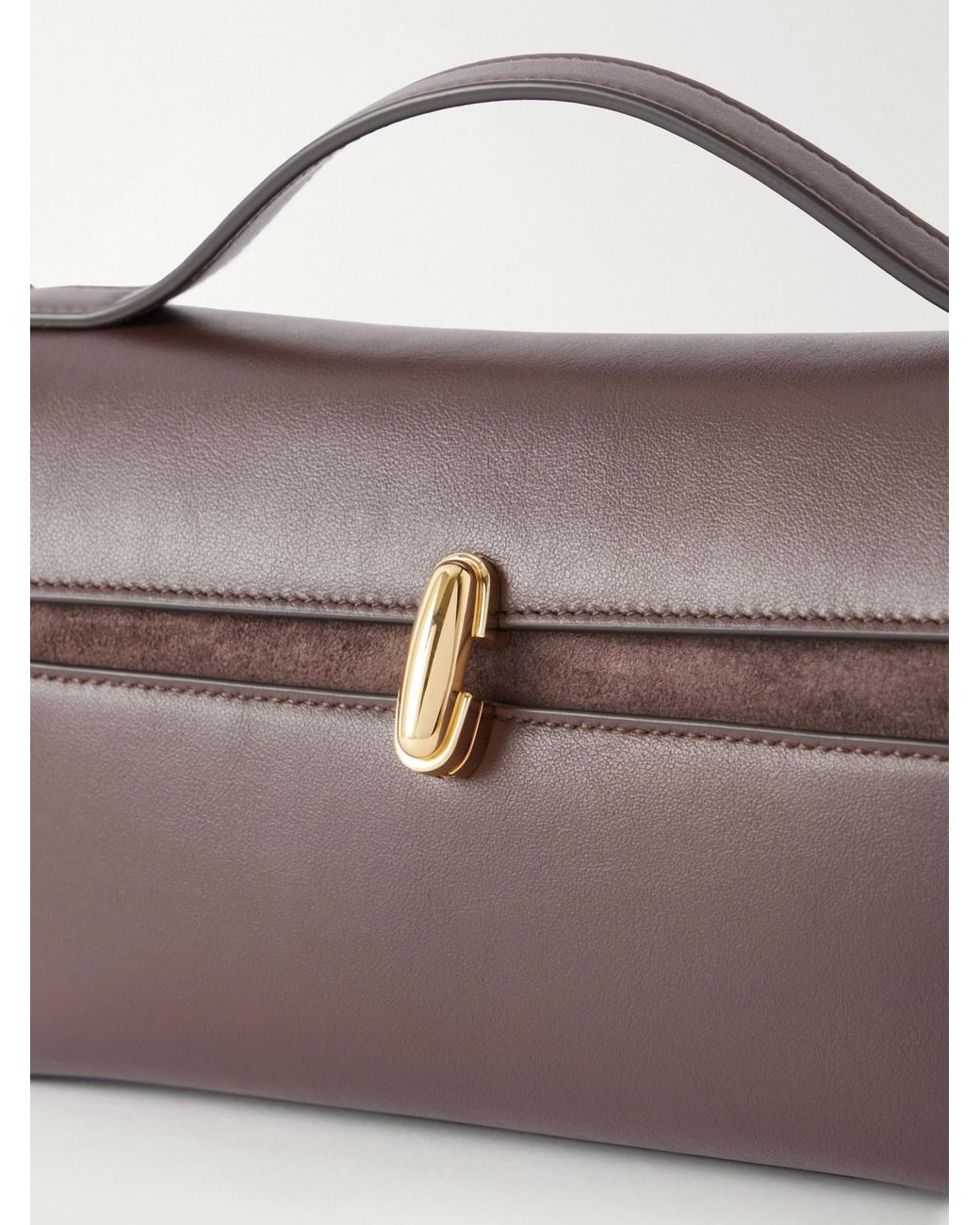 SAVETTE Brown Symmetry Trapeze Leather-Trimmed Suede Top-Handle Bag