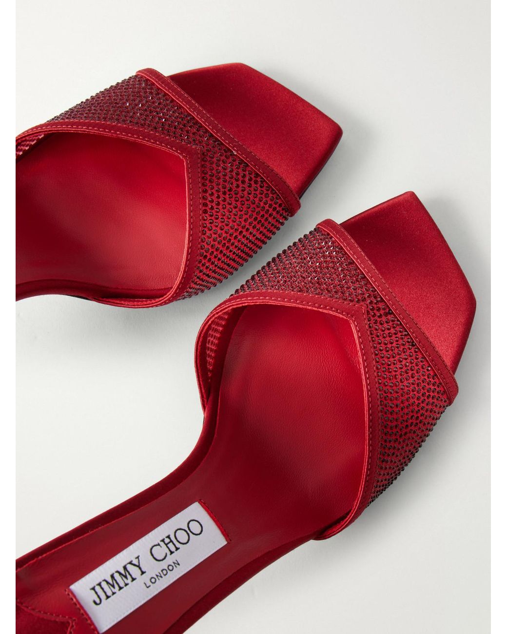 Jimmy Choo Red Skye 70 Crystal-Embellished Satin-Trimmed Mesh Mules
