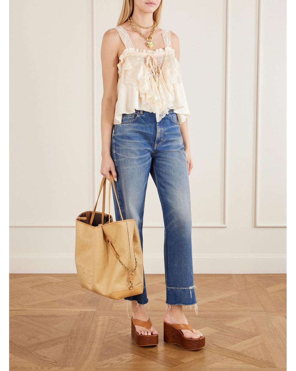 Chloé Natural Clover Leather-Trimmed Raffia Tote