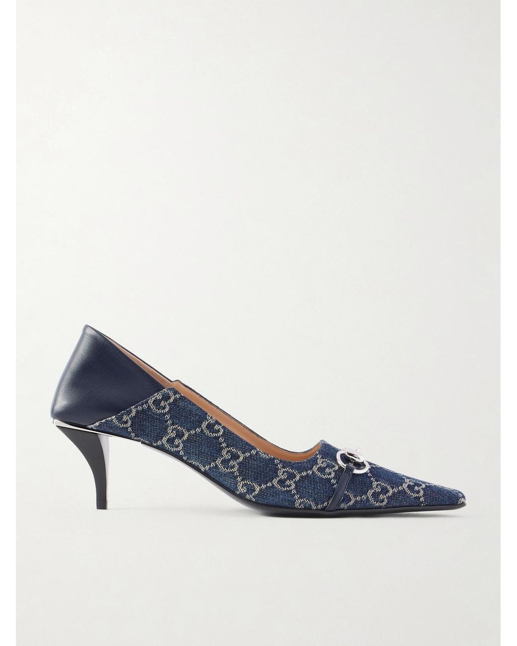 Gucci Blue Vittoria Horsebit-Embellished Canvas-Jacquard Pumps