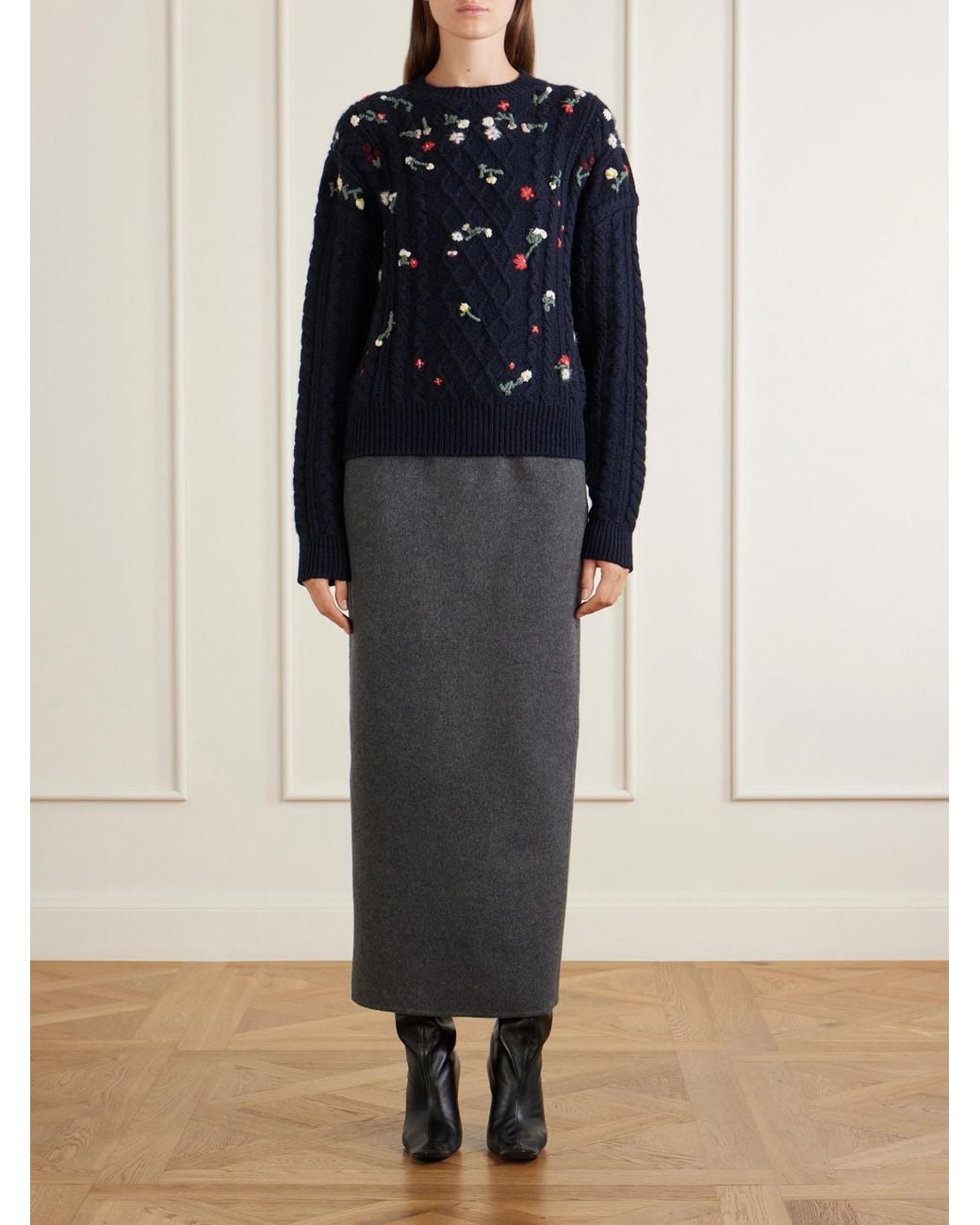 Khaite Blue Elias Embroidered Cable-Knit Cashmere Sweater