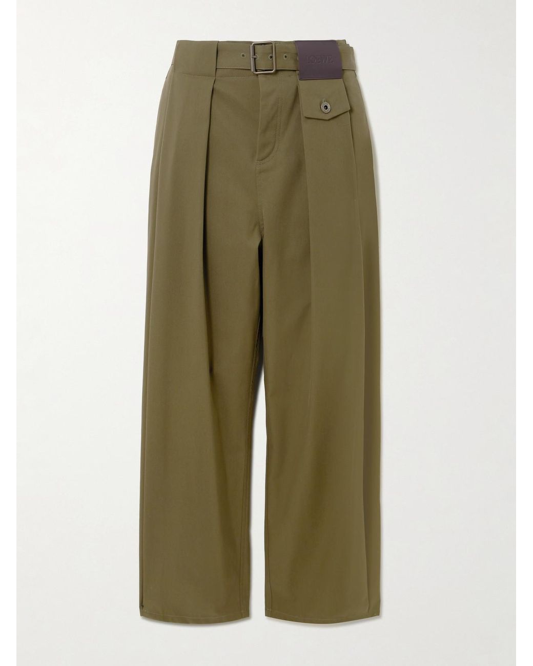 Loewe Green Belted Leather-Trimmed Pleated Cotton And Silk-Blend Pants