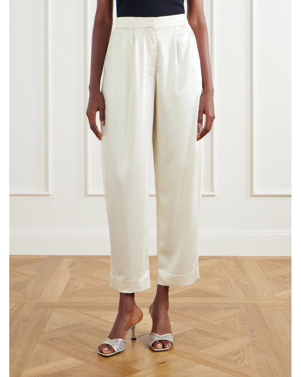 Abadia White Pleated Satin High-Waist Barrel-Leg Pants