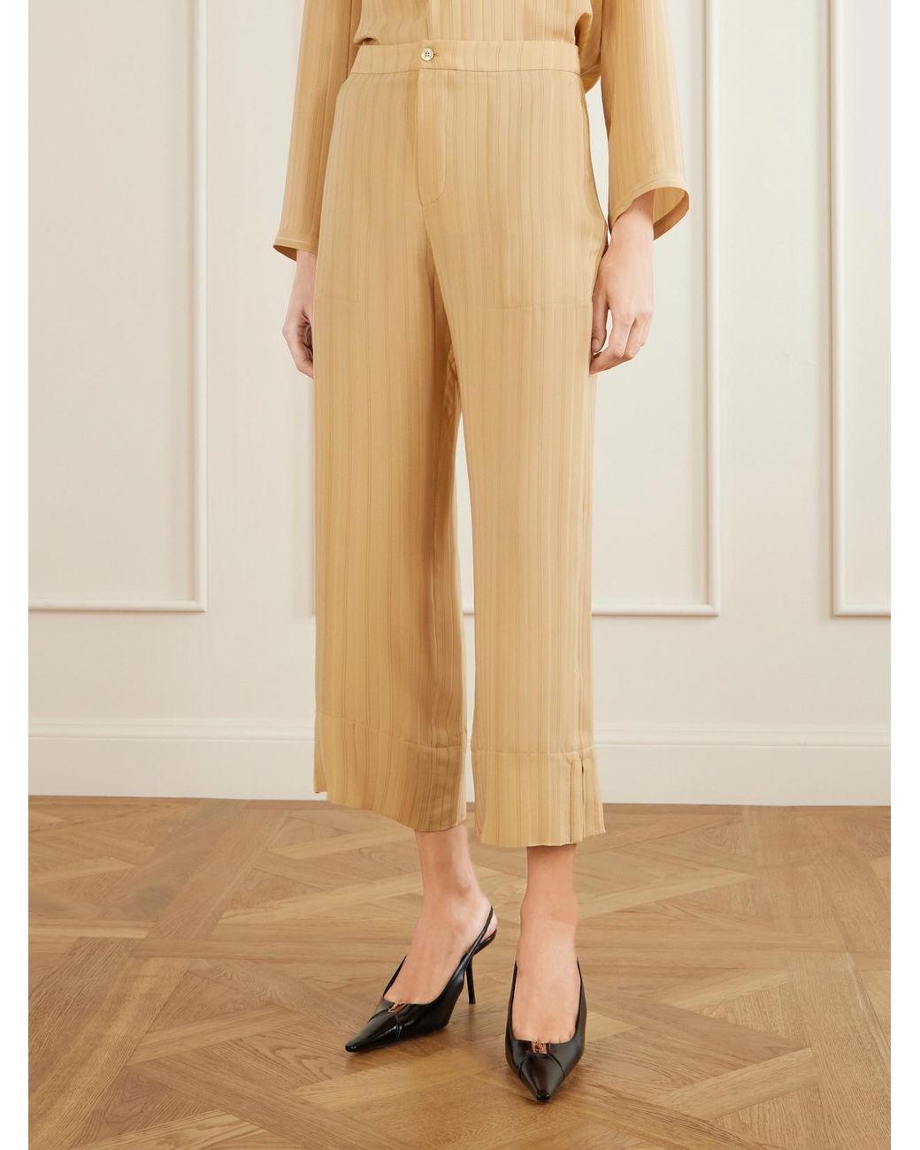 Saint Laurent Natural Striped Silk Straight-Leg Pants