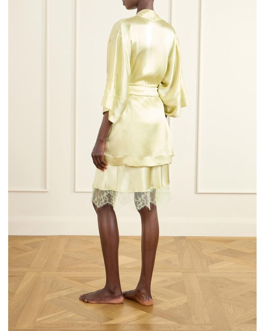 Carine Gilson Yellow Belted Embroidered Silk-Satin Kimono